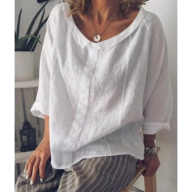 LASPERAL النساء قمم البلوزات 2019 الصيف عارضة كامل كم الربع الصلبة طية صدر السترة الكتان بلوزة الإناث قميص بلوزة زائد حجم