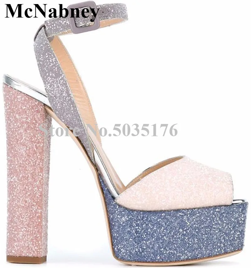 

Brand Design Fashion Mixed Colors Peep Toe High Platform Sandals Sequined Ankle Strap Buckle High Heel Sandals Dress Women Shoes