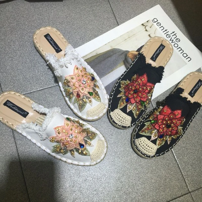 

embroider slippers women crystal fringe mules shoes brief retro flat loafers ladies flower rhinestone babouche zapatos mujer