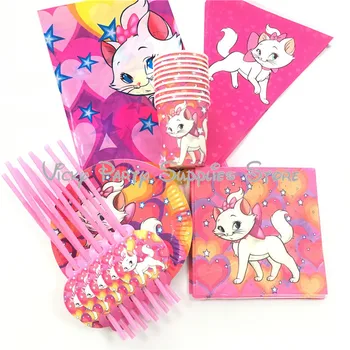 

61pcs/lot Marie Cat Disposable Tableware Set Cartoon Pink Cat The Aristocats Birthday Baby Shower Cup Plate Decoration Supplies