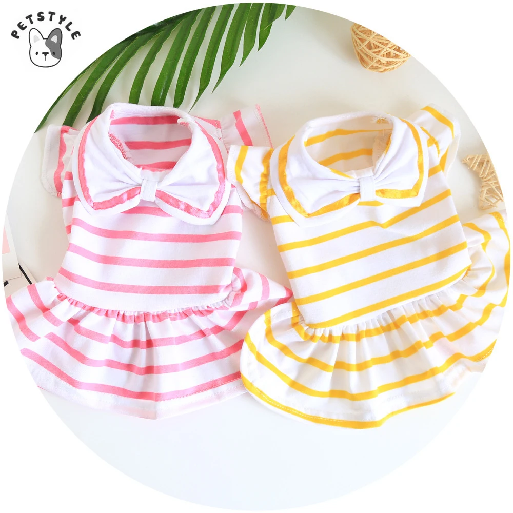 

Pet Dog Sweet Summer Dress Stripe Bow Princess Skirts School Uniform Cute Cotton Apparels Chihuahua Spring Clothing Pink Yellow
