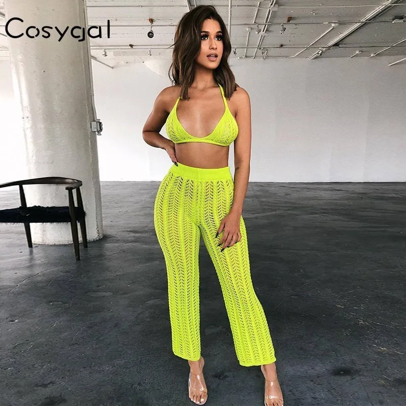 

Club See Through Mesh Fabric Knitted Set Crop Tops+pants Two Piece Set Elastic Sexy 2 Piece Set Women Set Outside Wear Outfits