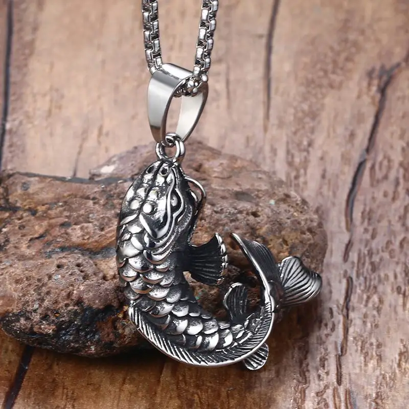 Mens Goldfish Necklaces Stainless Steel Hooked 3D Koi Fish Pendant Necklace Collares Collier