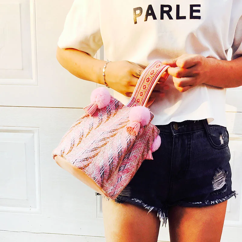 WOONAM New Lady Women Fashion Pure Handmade Multi-color Tweed Mini Bucket Handbag Wrist Bag WB477