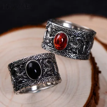 

13mm Vintage Black 925 Sterling Silver Personalized Ring Jewelry Engraved Double Chinese Dragons for Men Size 8 9 10 11