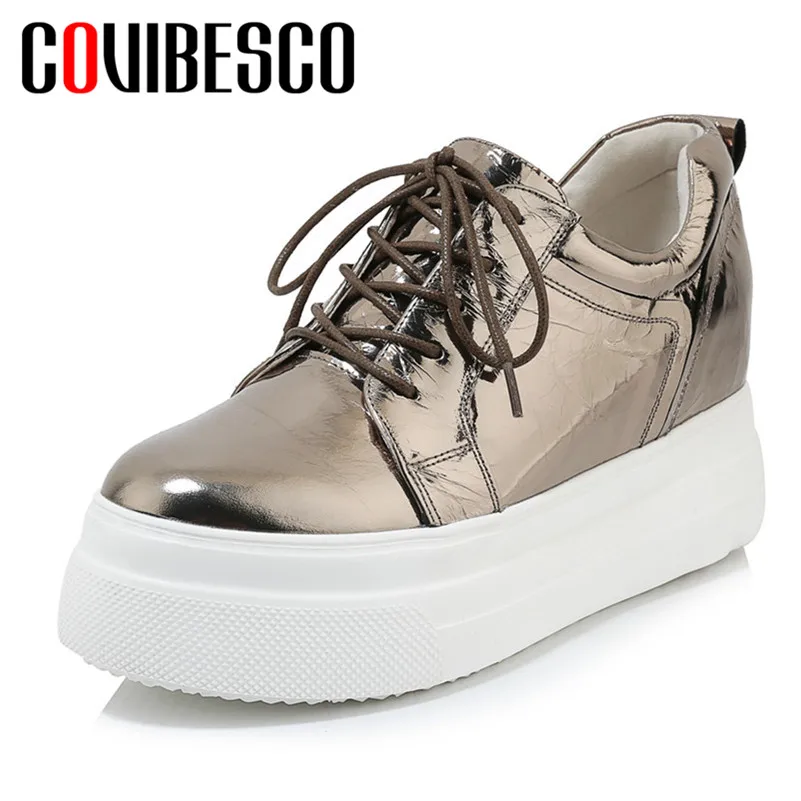 

COVIBESCO 2019 Spring Summer Fashion Women Shoes Solid Round Toe Lace-up Casual Shoes Woman Genuine Leather Party Women Flats