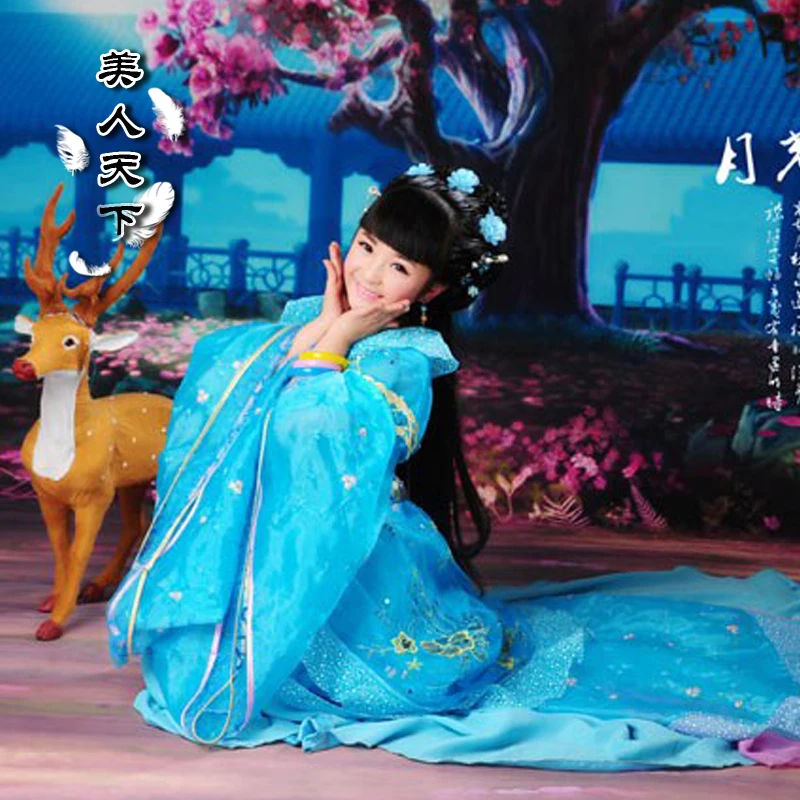 2013, костюм для мальчиков и девочек детская одежда для сценических выступлений красоты для маленьких девочек фотографии костюм Hanfu династии Тан платье принцессы 2 цвета