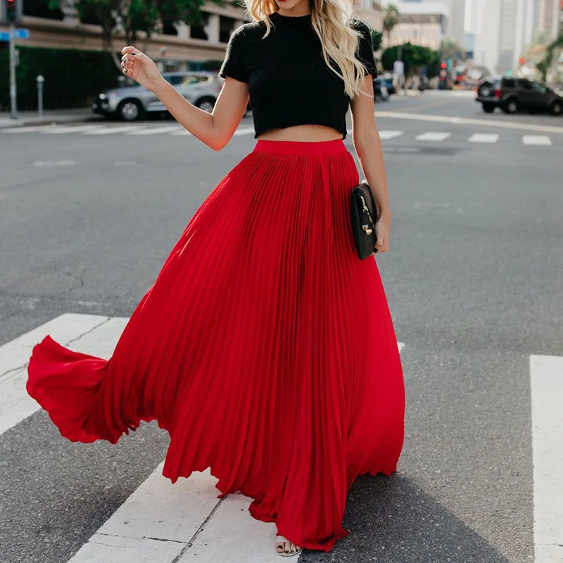 Holiday Style Pleated Women Skirts Ladies Solid Color Elastic High Waist Skirt Autumn Spring Casual Long Maxi Skirt Falda Larga