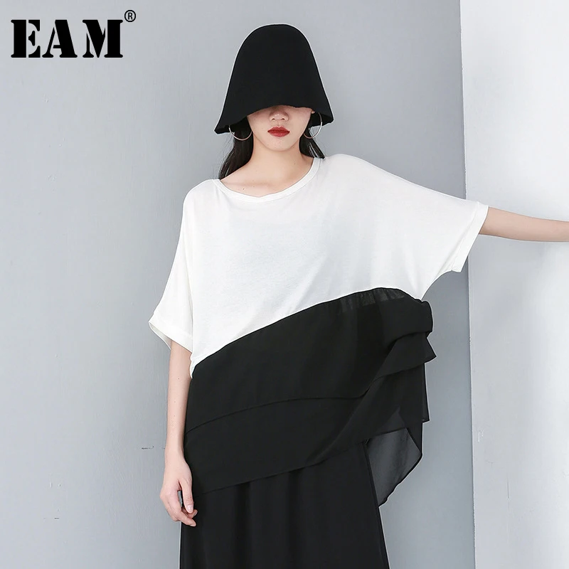 

[EAM] 2019 New Spring Summer Round Neck Half Sleeve Hit Color Hem Chiffon Loose Big Size T-shirt Women Fashion Tide JU078