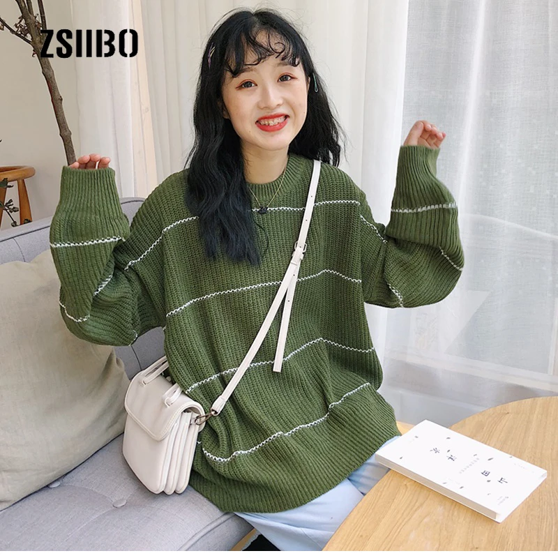 

Autumn new Korean winter ulzzang fashion Harajuku striped O-neck pullover loose long-sleeved casual sweater chic women swerter