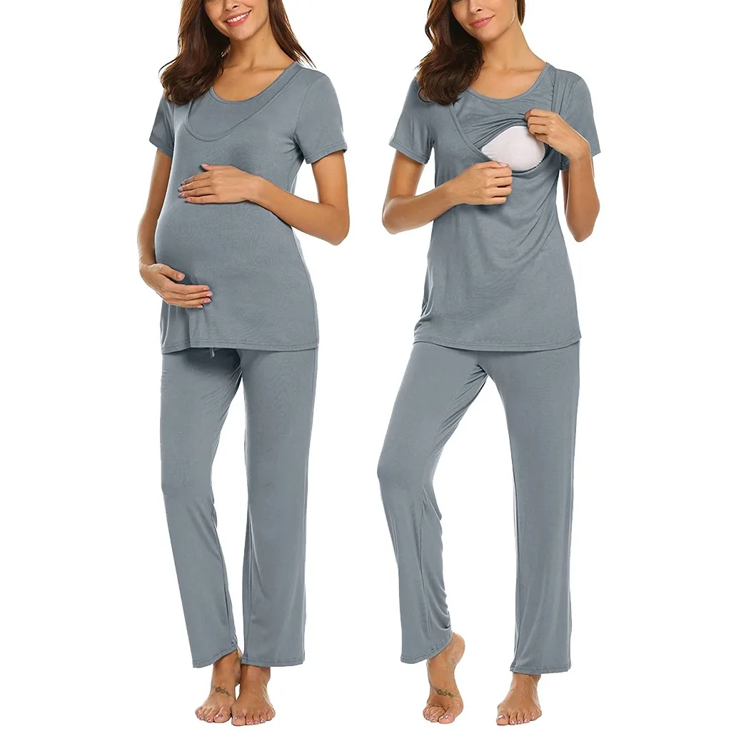 

2019 New Women Maternity Nursing Babyshort-sleeved breastfeeding T-shirt top+adjustable trousers pajamas set Pregnancy Clothes