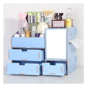 

1 Pcs Wooden Storage Mirror Dressing case Container Makeup Organizer Case Handmade DIY Assembly Cosmetic Organizer Wood Box