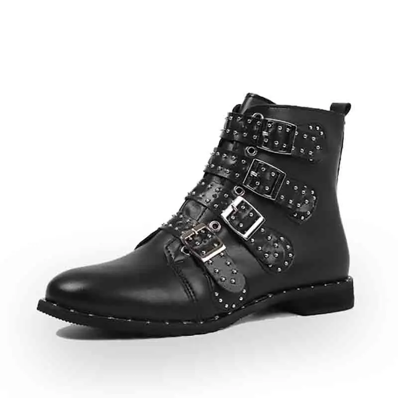 

New Women Rivet Ankle Motorcycle Boots Double Buckle Gothic Punk Platforms Botas Mujer Square Heel Martin Boots Plus Size35-43