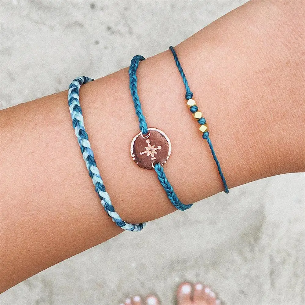 

Female Bracelets Set Three Beaded Disc Compass Blue Braided Rope Bracelet Women Casual Summer Party Jewelry Wear