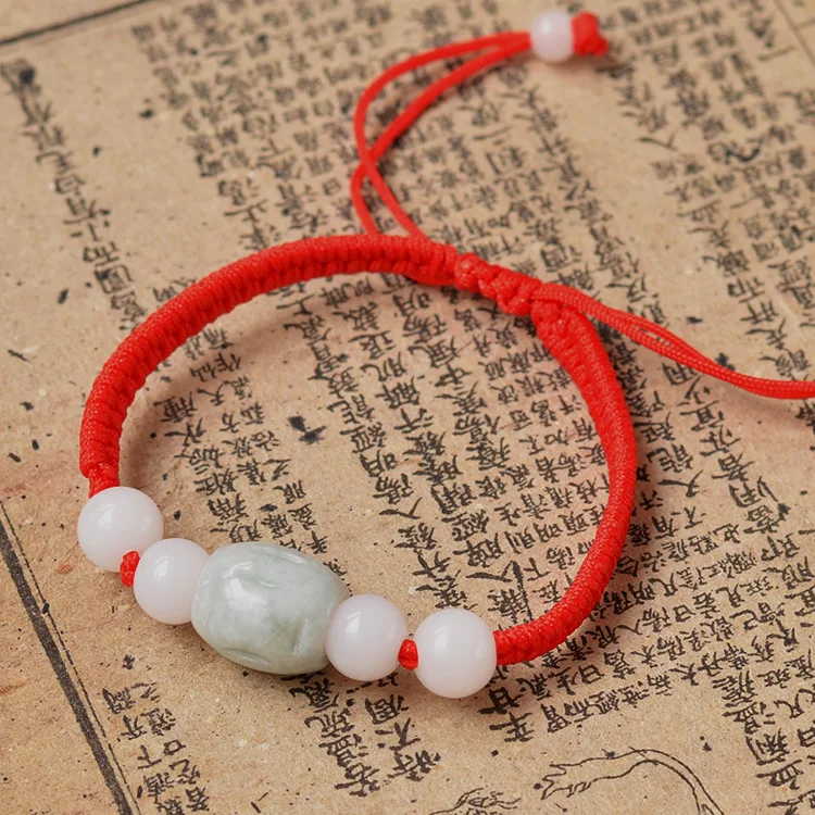 Grade A Natural Burma Beaded Jade With Red Rope Bracelet ,Fine Jade