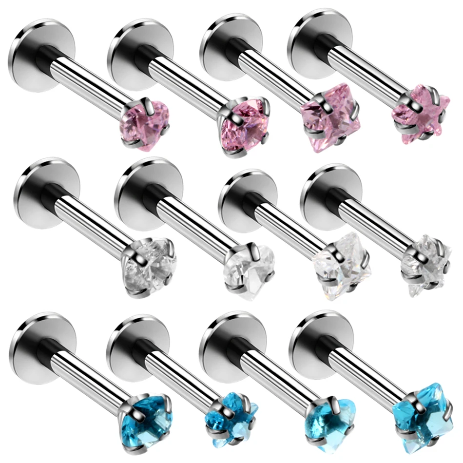4pcs/lot Steel Labret Ring Crystal Lip Piercings Internal Thread Gem