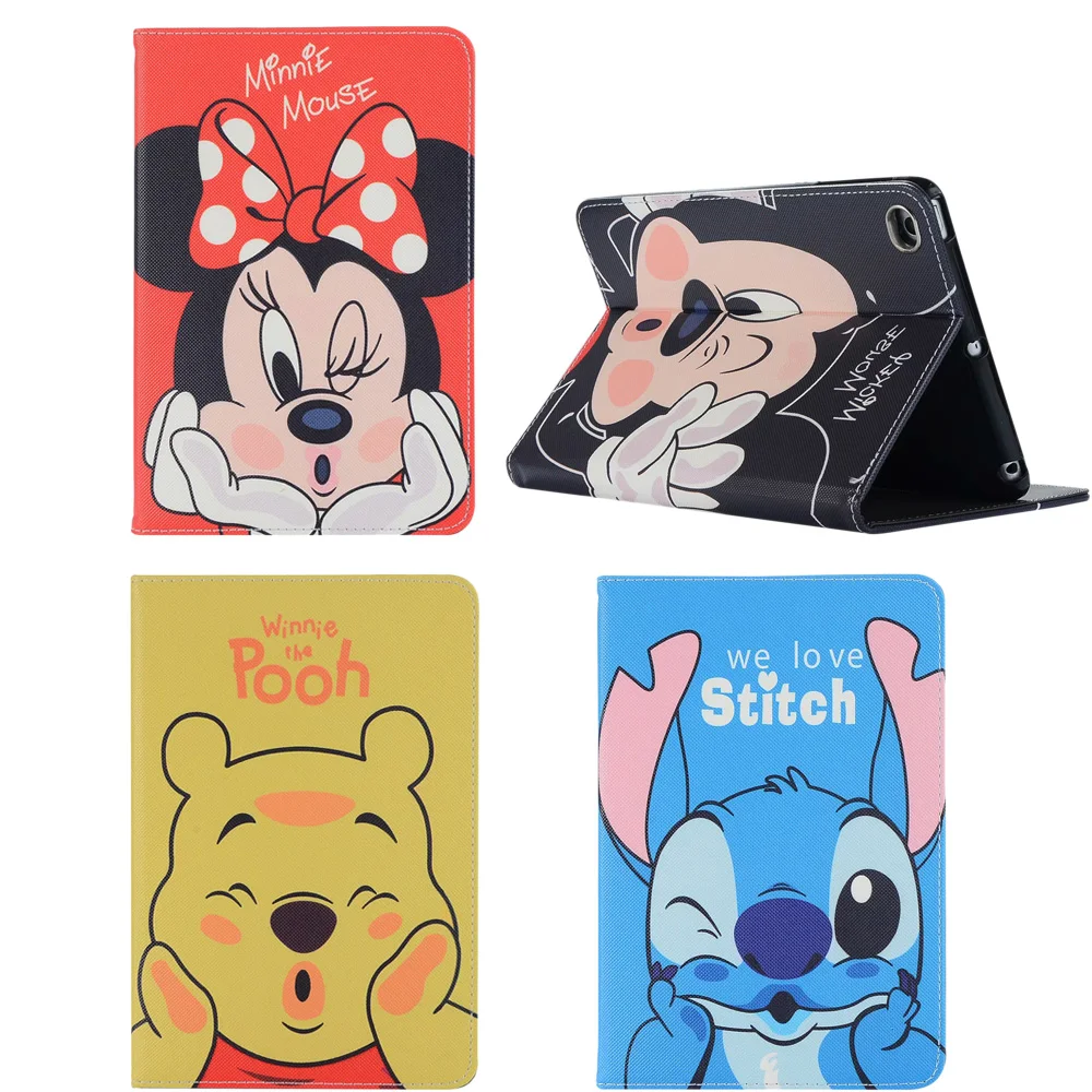 

For Apple iPad 2 3 4 Case Cute Cartoon Mickey Minnie Mouse Stitch Bear Leather Protective Holder Shell Full Cover Coque Fundas