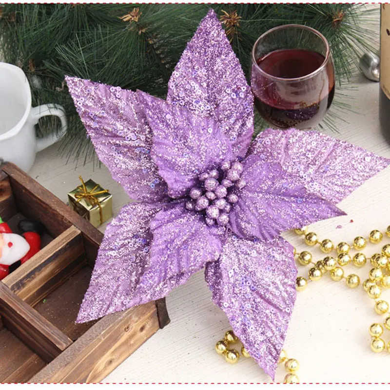 10pc-lot-2018-Xmas-24cm-Artificial-Flowers-Glitter-Poinsettia-Home-Ornaments-Festivals-Christmas-Tree-Decoration-Party