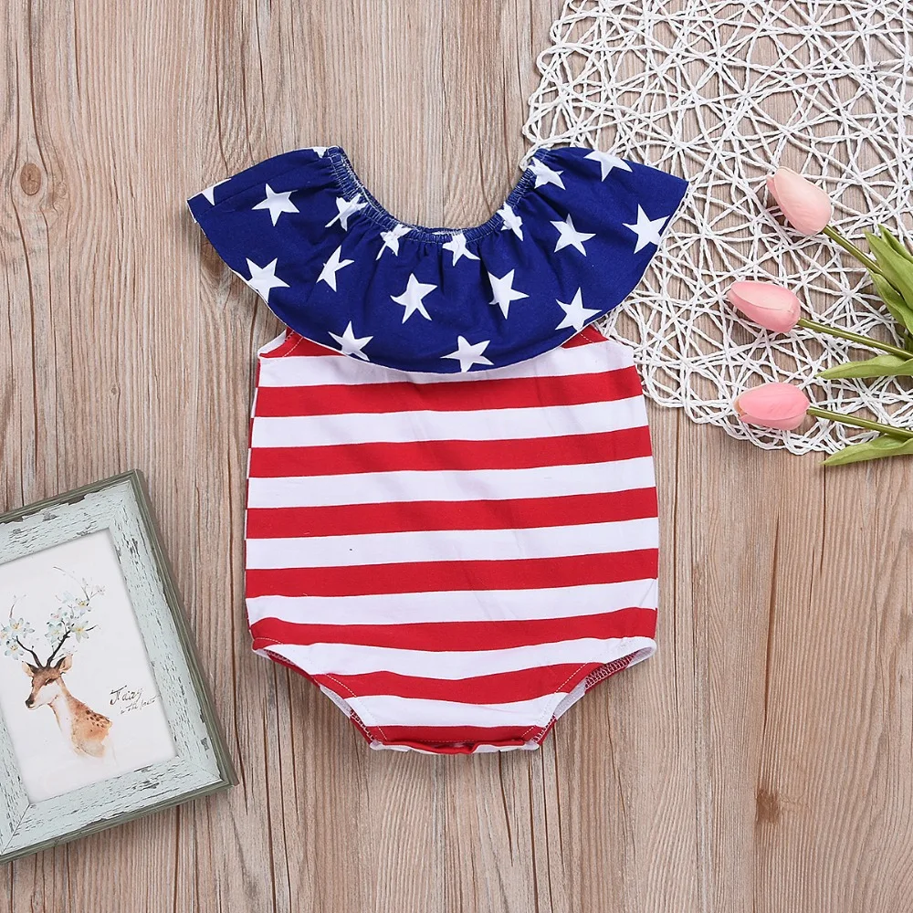 

American Independence Day Baby star Romper Red white strip cotton romper Children clothes 4th of July ruffle romper AG19015