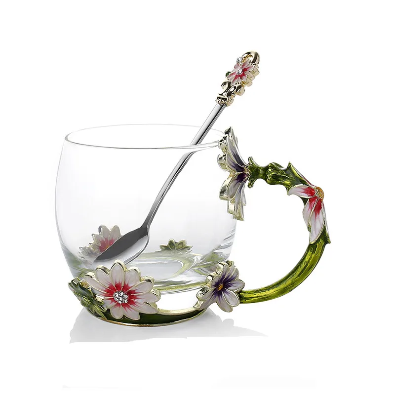 

Novelty Glass Cups Unusual Flower Tea Mug Creative Handmade enamel handgrip Cup Perfect Gifts for Women Coffee Mugs