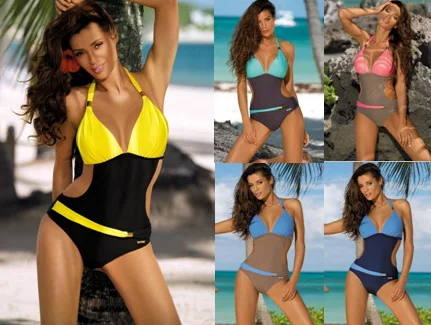 

Wholesale 2017 New Women Swimsuit One Piece Patchwork Halter Padded Swimwear Beach Bathing Suit traje de bano femenino