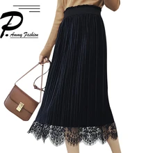 Новая Женская осенне-зимняя однотонная одежда бархатные плиссированные кружевные юбки с обеих сторон