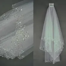 Branco ou marfim curto véu de casamento com borda de cristal com pente 2 contas véus de noiva