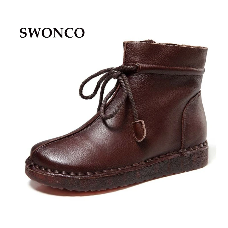 

SWONCO Women Winter Boots Genuine Leather Handmade Ladies Boot Ankle Boots For Women Autumn Winter Lace Up Woman Retro Boot