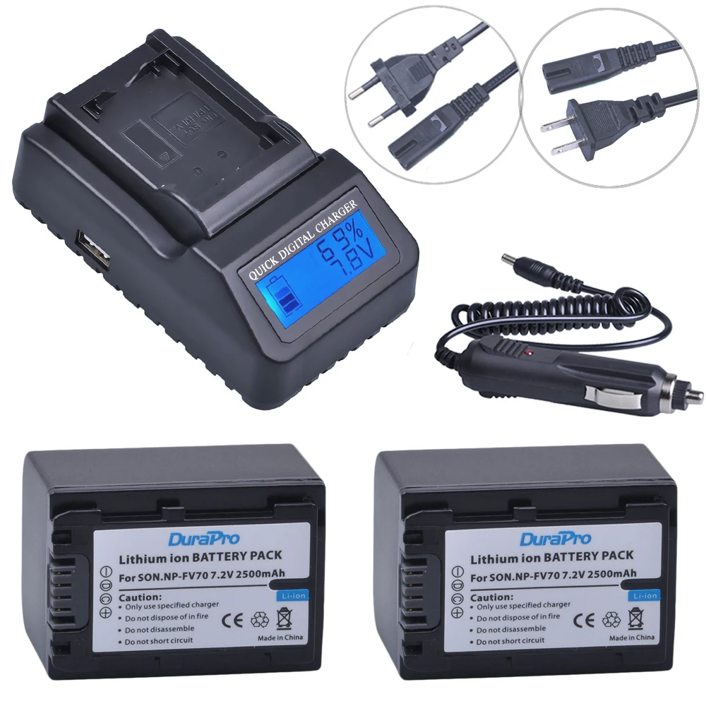 

Durapro 2x NP-FV70 NP FV70 NPFV70 battery 2500mAh + LCD Quick Charger for Sony NP-FV70 FV30 HDR-CX230 HDR-CX150E HDR-CX170 CX300