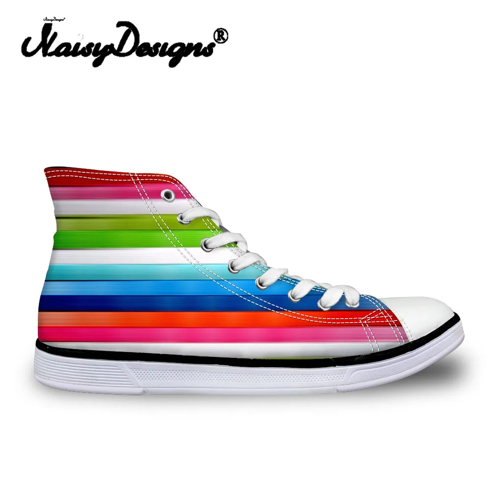 

Noisydesings Women colorful rainbow striped hit color print shoes girls casual canvas classic high sneaker light vulcanity lady