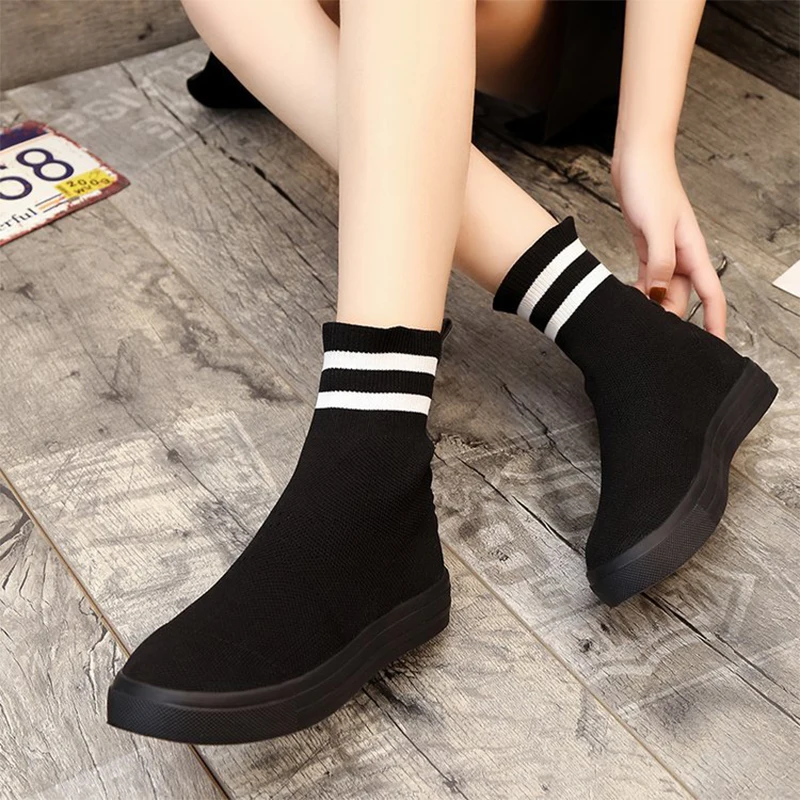 

Konfon High Top Sneakers Women Knit Upper Breathable Sock Shoes Woman Thick Sole 3.5 CM Fashion sapato feminino Black 2019