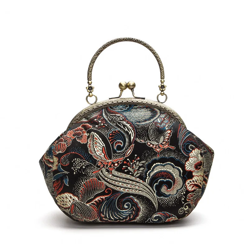 

Original Butterfly Embossing Women Real Silk Evening Bag Chinese Vintage Chic Semicircular Brocade Clutch Bag Designer Handbag