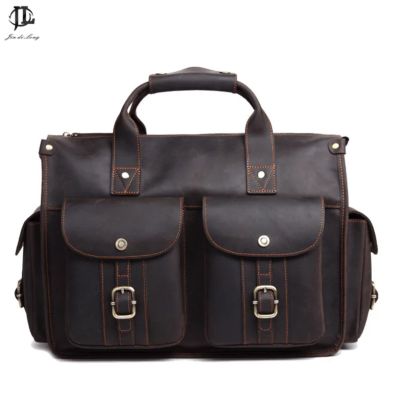 High Quality Vintage Brown Men Genuine Leather Briefcase Crazy Horse Leather Messenger Bag 15.6'' Laptop Bags