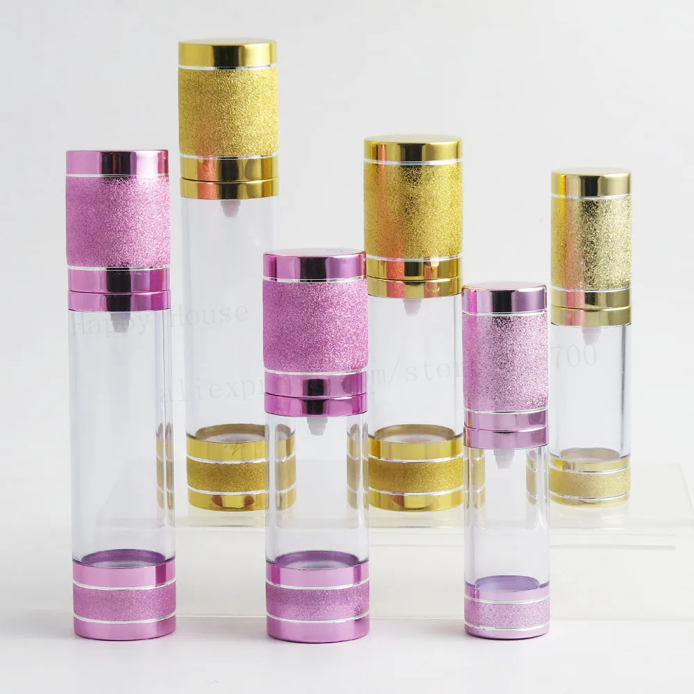 360pcs 15ML 30ML 50ML Cosmetic Vacuum Flask Pump Transparent Bottle Pink Gold Cap for Essential oils 1
