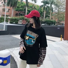 Два поддельных с длинным рукавом Chao бренд Harajuku Bf индивидуальная печать строчка решетки свободная и футболка» Lazy» пары