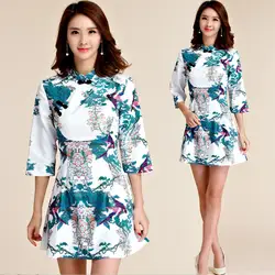 M ~ 3XL плюс размер Новые китайские традиционные женские сексуальные элегантные платья Ципао с принтом в виде листьев птицы женские большие