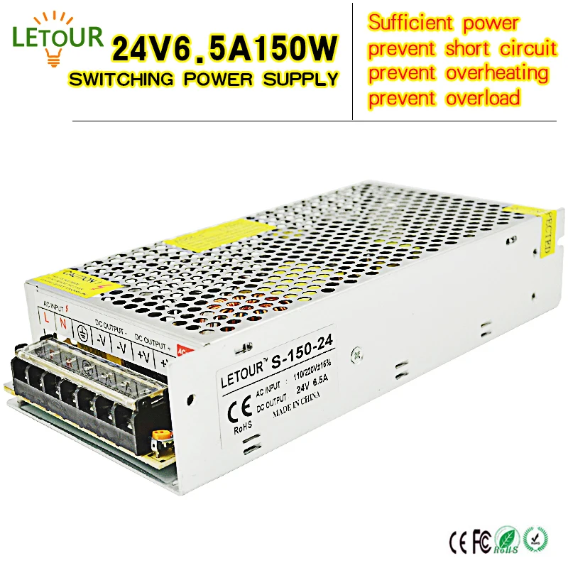 

DC 24V Power Supply 6.5A Adapter AC110V-220V Transformer 24V 150W LED Driver for AC-DC Switching Power Supply Motor CE FCC Cert