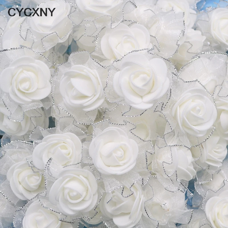 50pcs 4cm Gold Lace White Roses Artificial Rose Flowers DIY Scrapbooking Craft Gift Accessories Wreath Home Wedding Decor - Image 3