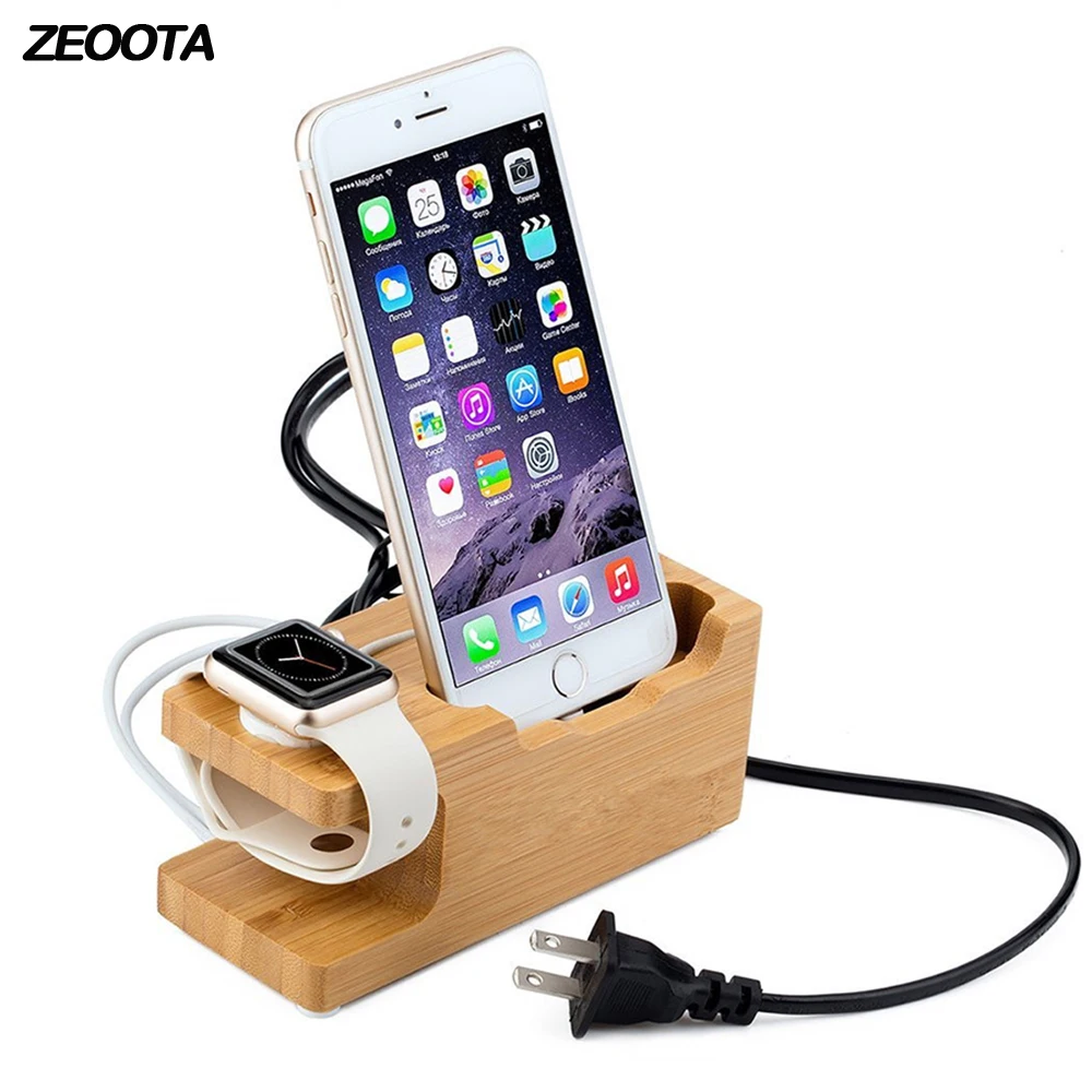 

Multi USB Charging Station Dock Bamboo Wood 3 Ports USB Mobile Phone Charger Mount Holder for Apple Watch iPhone X/8/8Plus/7Plus