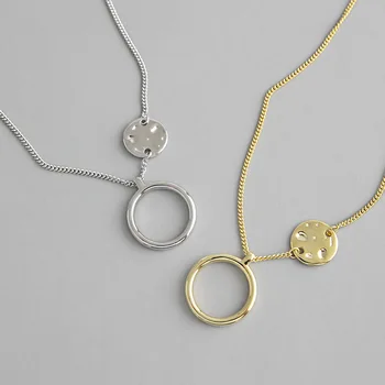 

100% 925 sterling silver concave surface round pendant necklace women chain, fashion gold color circle necklaces neck jewelry