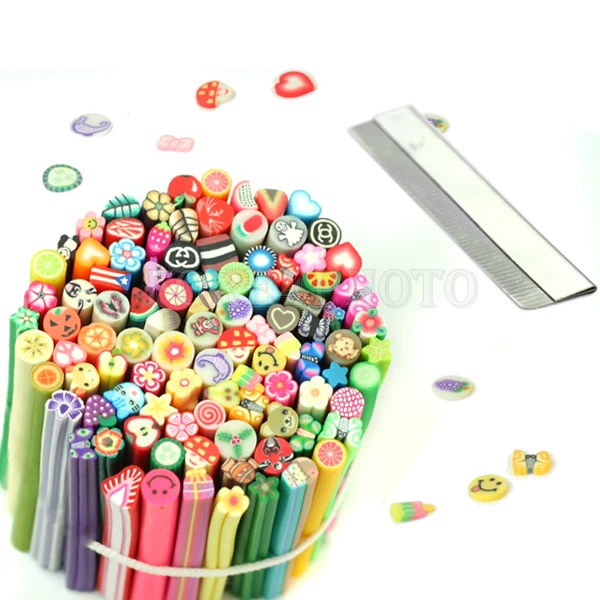 

50pcs Mix Design Cute 3D Nail Art Fimo Canes Rods Sticks Polymer Clay Sticker Nails DIY Decoration With Blade New