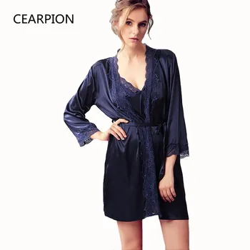 

CEARPION Hot Sale Autumn 2 Pcs Nighty&Robe Set Women Lace Sexy Nightgown Satin Soft Kimono Bathrobe Gown Casual Negligee M-XL