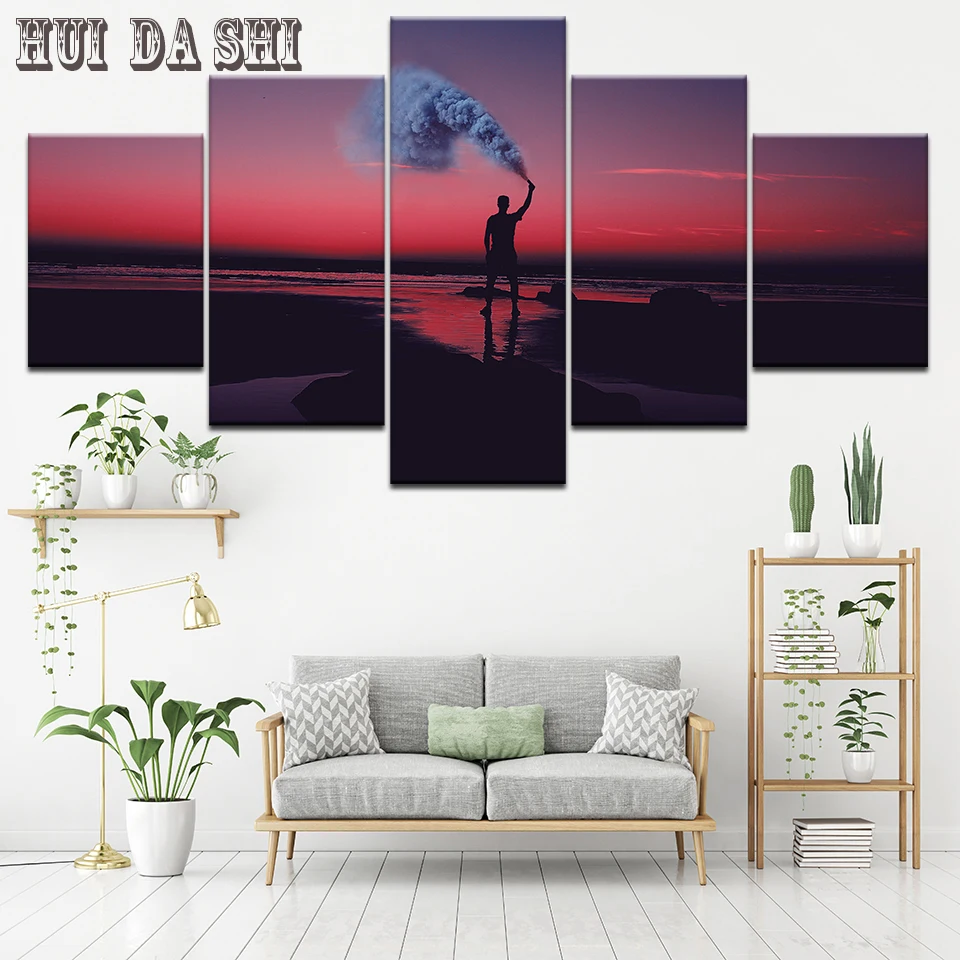 5 Panels Wall Art Posters Sunset Smoke Bomb Seascape Hd Print Canvas