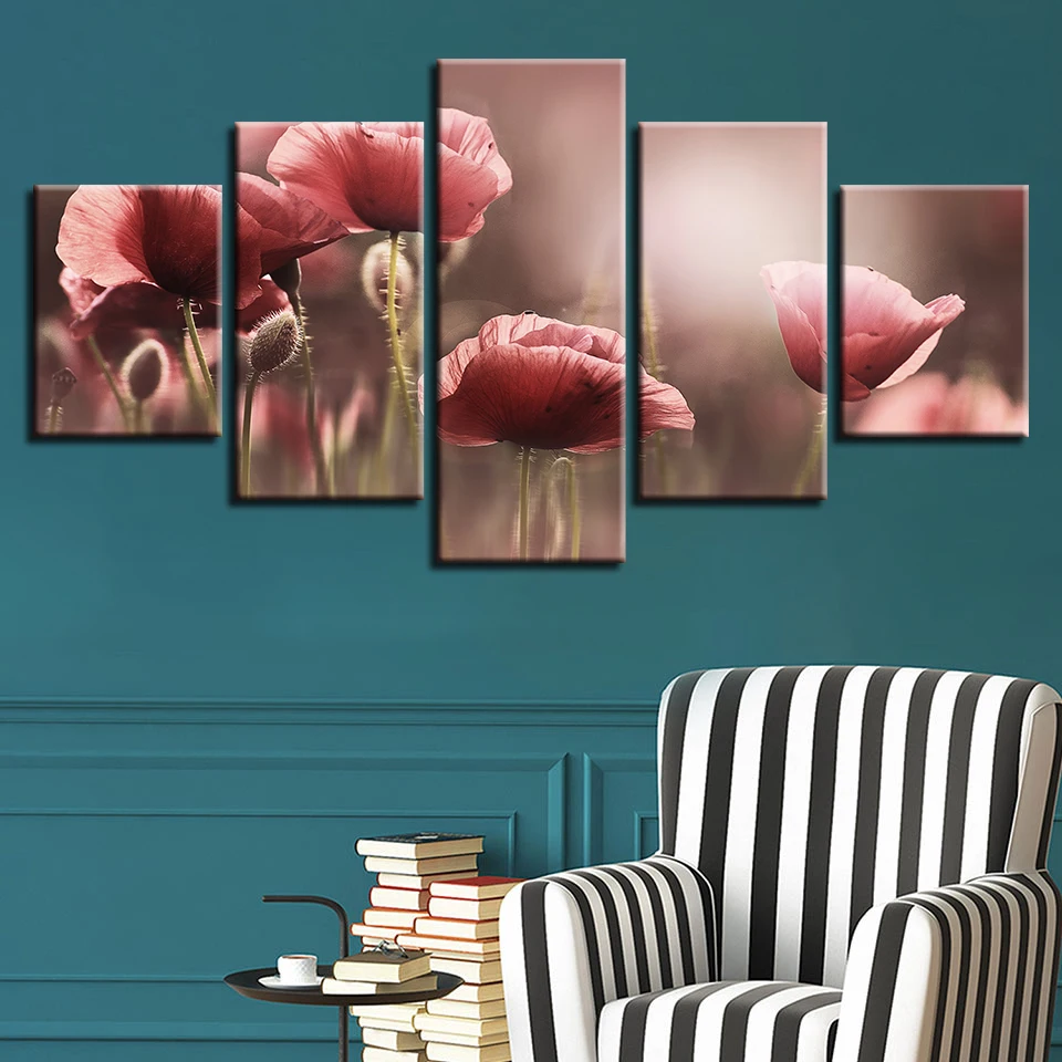Art Canvas Pictures Modular Frame 5 Pieces Beautiful Pink Flower Paintings Restaurant Living Room HD Printing Posters Wall Decor