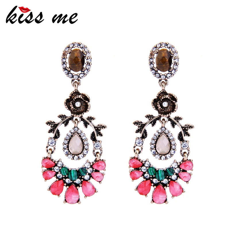 

KISS ME Natural Stone Crystal Water Drop Flower Earrings Trendy Alloy Vintage Drop Earrings Women Accessories