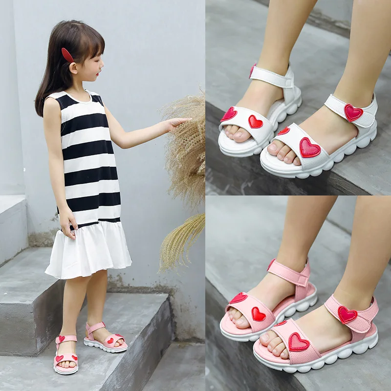 

2019Summer Children Girls sandals Heart Non-slip soft bottom Casual beach Sandal Kids Baby Girls Shoes white pink 3T 4T 5T-15T