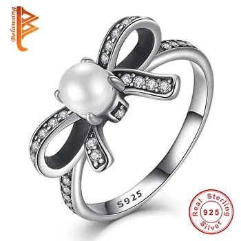 

BELAWANG Real 925 Sterling Silver Delicate Sentiments Finger Ring with White Simulated Pearl& Clear CZ Original Engagement Rings