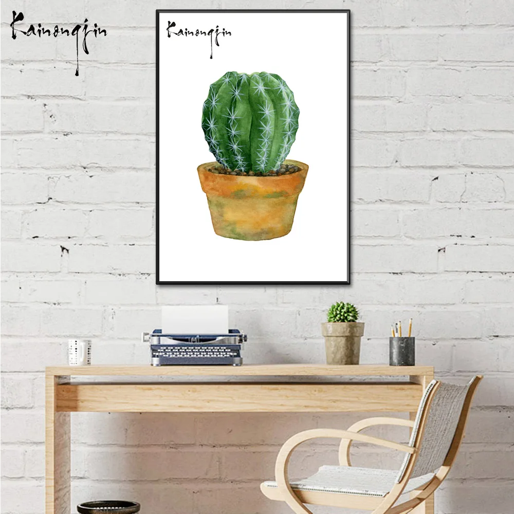 Mordern Minimalism Plants Handdraw Green Cactus Art Silk Wall Poster Canvas Painting For Home Room Decor with Frame KNJ033- A3 size