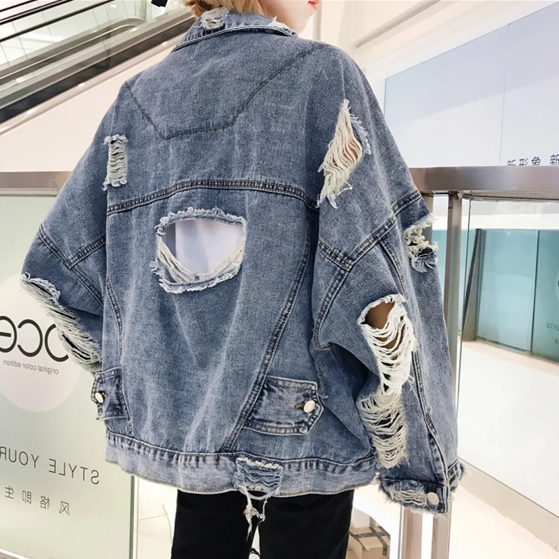 

New Denim Jackets BF Hole Ladies Jean Coat Spring Autumn Women Jacket 8WT013