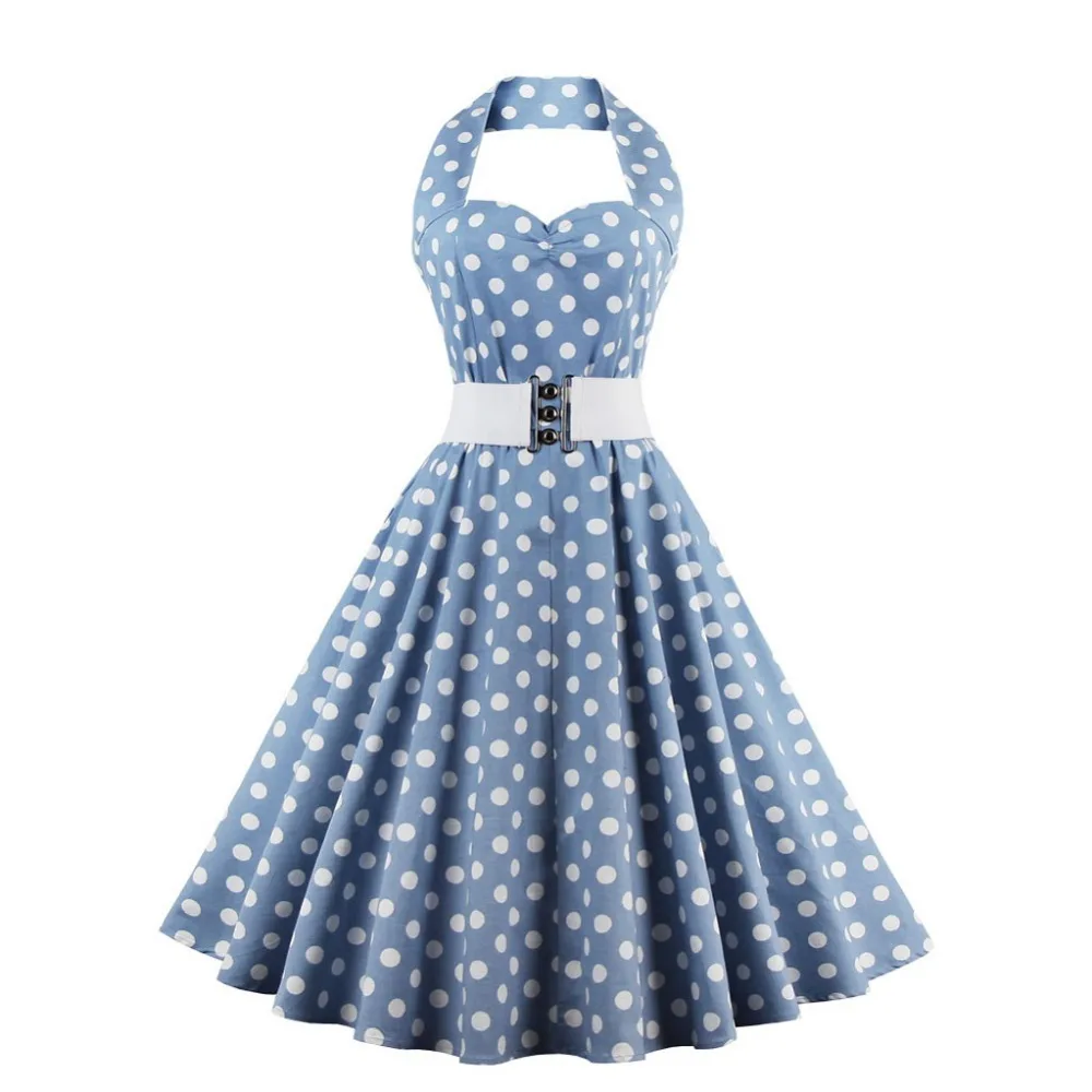 

Kenancy Plus Size Dress Retro Vintage Audrey Hepburn Halter Polka Dot 50s 60s Rockabilly Belted Dress Ball Gown Female Vestido